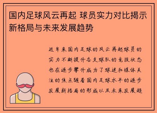 国内足球风云再起 球员实力对比揭示新格局与未来发展趋势