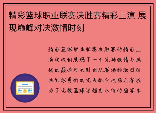 精彩篮球职业联赛决胜赛精彩上演 展现巅峰对决激情时刻