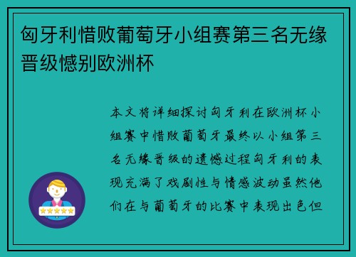 匈牙利惜败葡萄牙小组赛第三名无缘晋级憾别欧洲杯